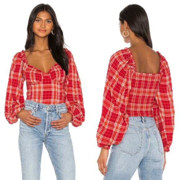 FREE PEOPLE Cherry Bomb Madrass Plaid Top Size Large - Picture 1 of 7